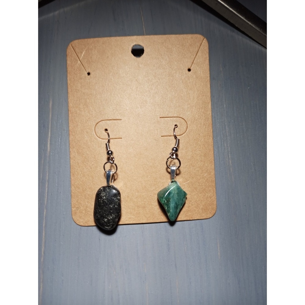 Black Tourmaline Green Moss Agate Mismatched Earrings Nickel Free Boho Crystal